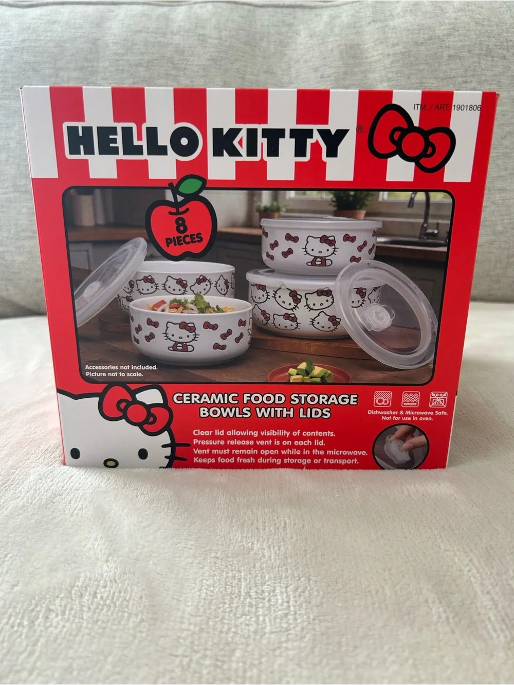 Hello Kitty Ceramic Food Storage Bowls with Clear Lids — White & Red